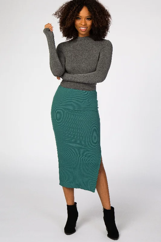 Emerald Green Ribbed Side Slit Midi Skirt