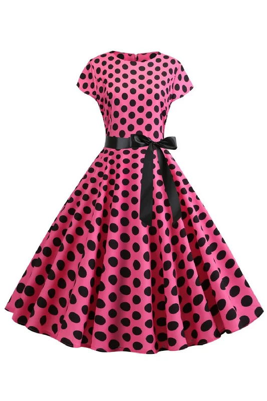 Pink Black Polka Dots Cap Sleeves 1950s Dress