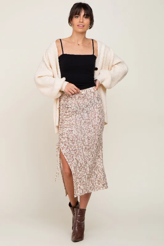 Taupe Leopard Print Drawstring Front Midi Skirt