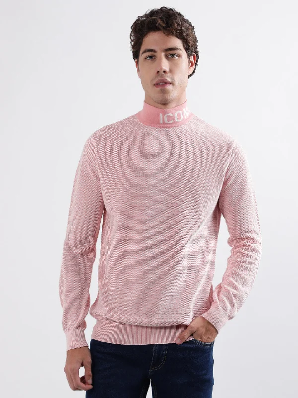 Iconic Men Pink Knitted High Neck Full Sleeves Pullover Style Sweater