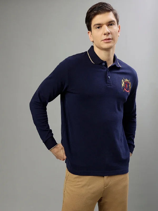 Iconic Men Navy Blue Solid Polo Collar Full Sleeves T-Shirt