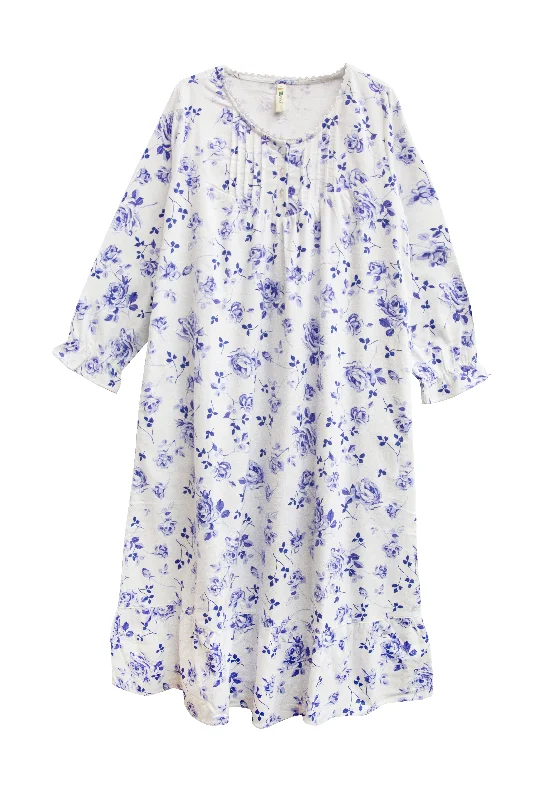 La Cera Porcelain Blue Floral Flannel Gown